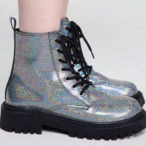 Holographic Silver & Rainbow Sparkle Combat Boots